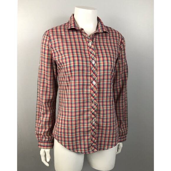 1980s Plaid Button Up Long Short Sleeve Shirt / Women’s Small - Picture 2 of 7